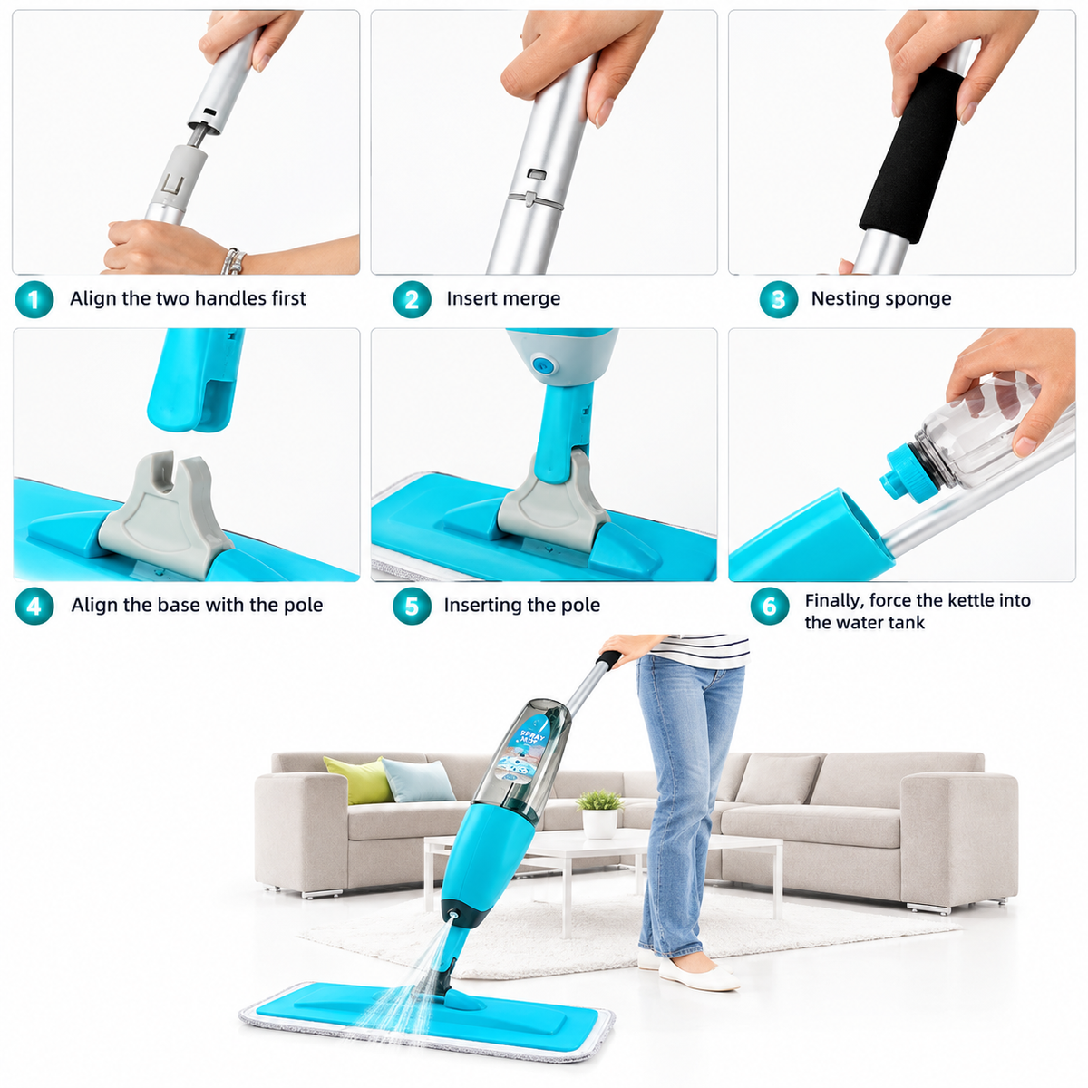 Spray Mop with 360° Swivel Mop Head, 400ml Refillable Tank, Microfiber