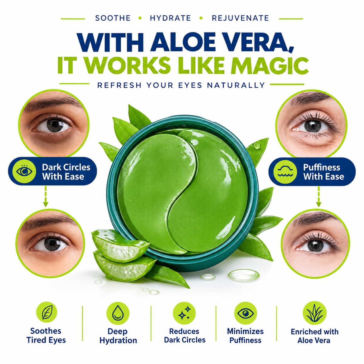 Green Tea & Collagen Under Eye Patches – Cooling Hydrogel | 30 Pairs (60 Pieces)